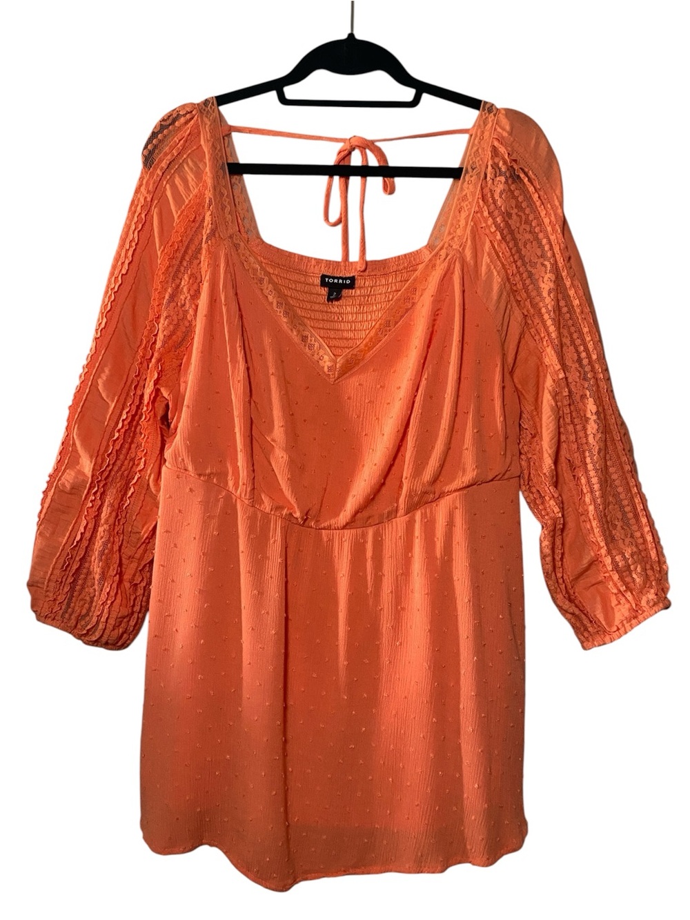 Torrid Peplum Gauze Clip Dot Smocked Tie-Back Top Women’s 2 2X Coral Blouse - Picture 4 of 16